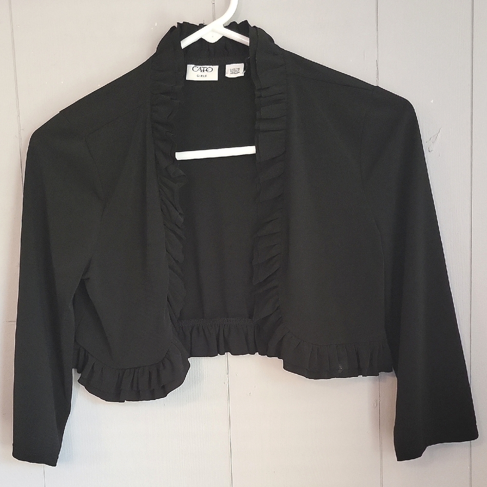 🌴 Cato Girls Black Ruffled Open Front Shrug Cardigan, Size L